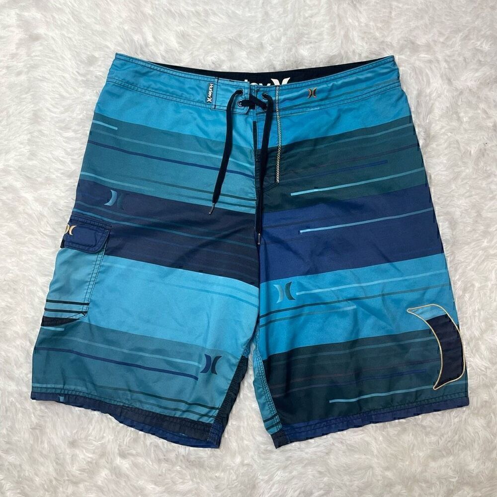 Hurley Swim Trunks Shorts Mens Size 36 Blue Stripe Surf Summer Pocket